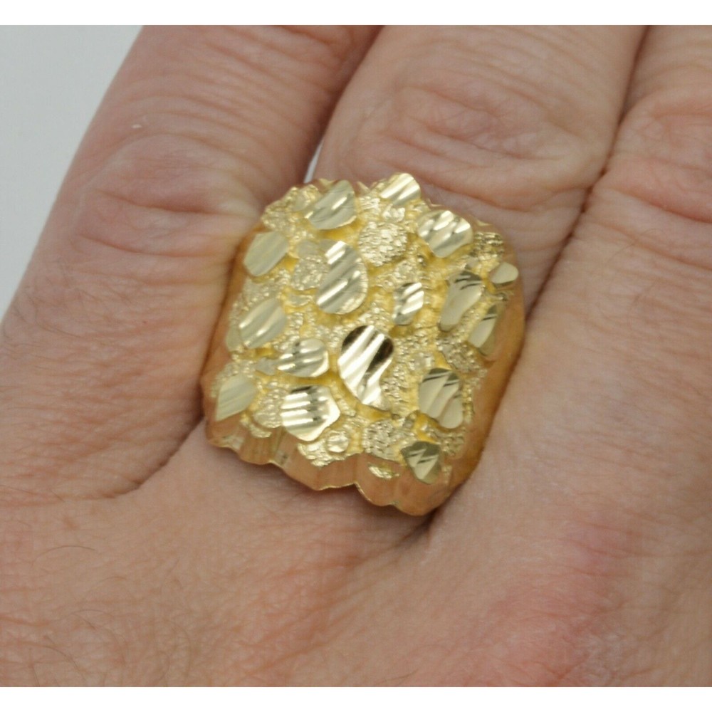 Real Solid 10K Yellow Gold Mens Nugget Square Ring 25mm